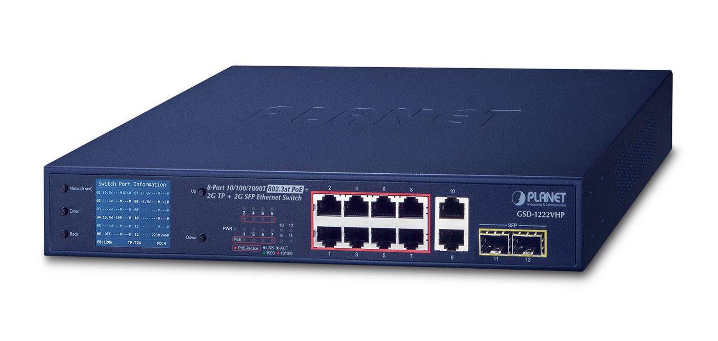 PLANET GSD-1222VHP switch di rete Non gestito Gigabit Ethernet 10/100/1000 Supporto Power over Ethernet PoE 1U Blu (8-Port 10/1