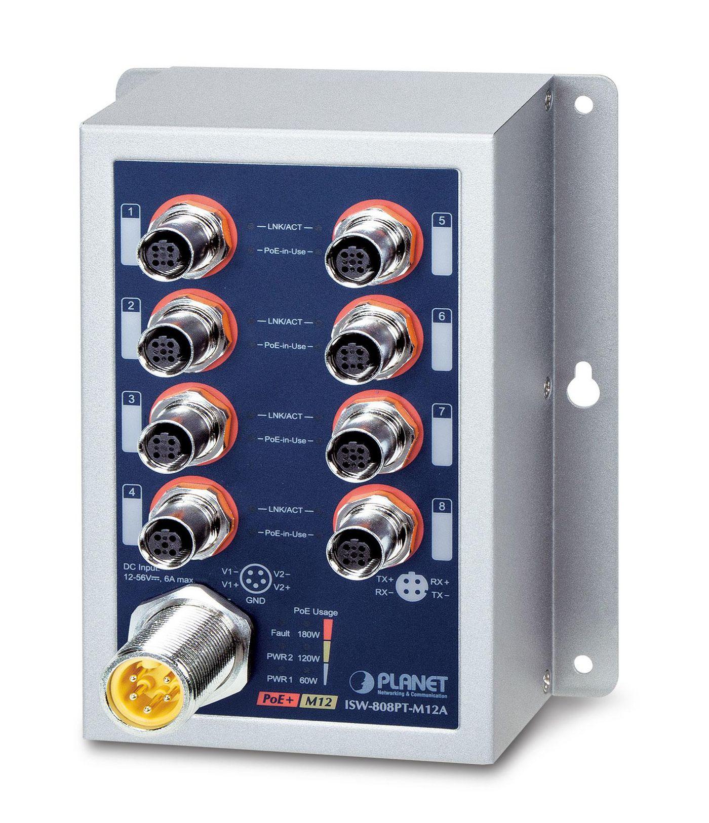 PLANET IP50 Ind 8-P 10/100TX M12 Non gestito Supporto Power over Ethernet PoE Blu Grigio (IP50 Ind 8-P 10/100TX M12 - 802.3at P