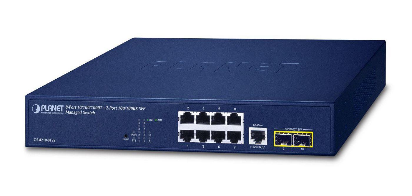 Switch di rete PLANET 10/100/1000T + 2-Port Gestito L2/L4 Gigabit Ethernet [10/100/1000] 1U Blu (IPv4/IPv6, 8-Port - 100/1000X