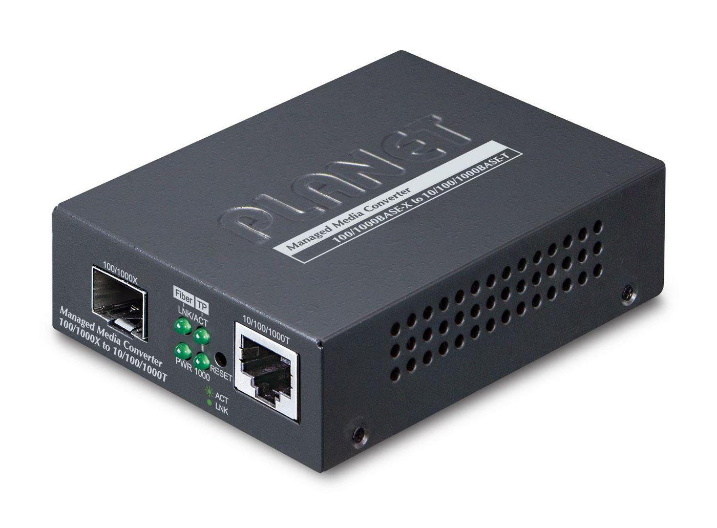 PLANET Web/SNMP Man convertitore multimediale di rete Nero (Web/SNMP Man - 10/100/1000Base-T to MiniGBIC - SFP Gigabit Converte