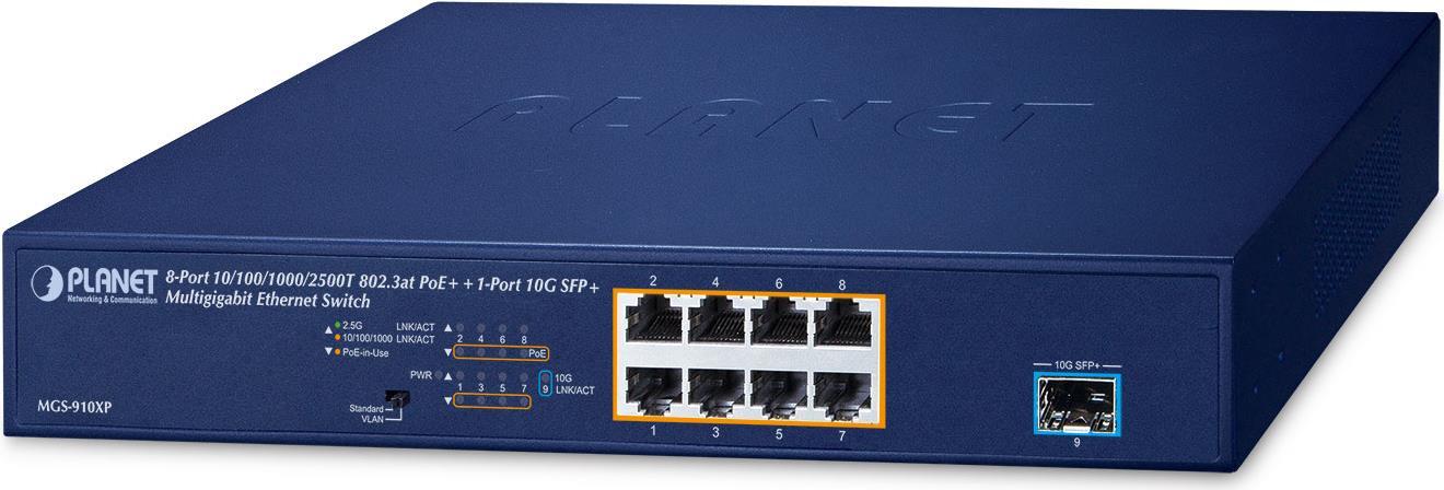 Planet MGS-910XP 8 porte 10/100/1000/2500T 802.3at PoE 1 porta 10G SFP Switch Multigigabit Ethernet (budget PoE da 120 Watt mo