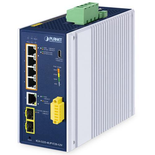 Industrial L2 4-Port - 10/100/1000T 802.3bt PoE - 1-Port 10/100/1000T 2-Port 1G/2.5G SFP Managed Ethernet Switch w/12V Booste