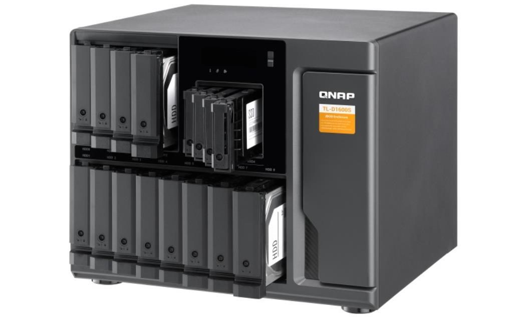 QNAP JBOD TL-D1600S, 16 bay desktop SATA JBOD expansion unit with a QXP-1600eS PCIe SATA host card and 4 SFF-8088 to SFF-8644 S