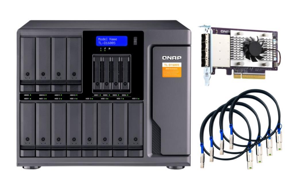 QNAP JBOD TL-D1600S, 16 bay desktop SATA JBOD expansion unit with a QXP-1600eS PCIe SATA host card and 4 SFF-8088 to SFF-8644 S