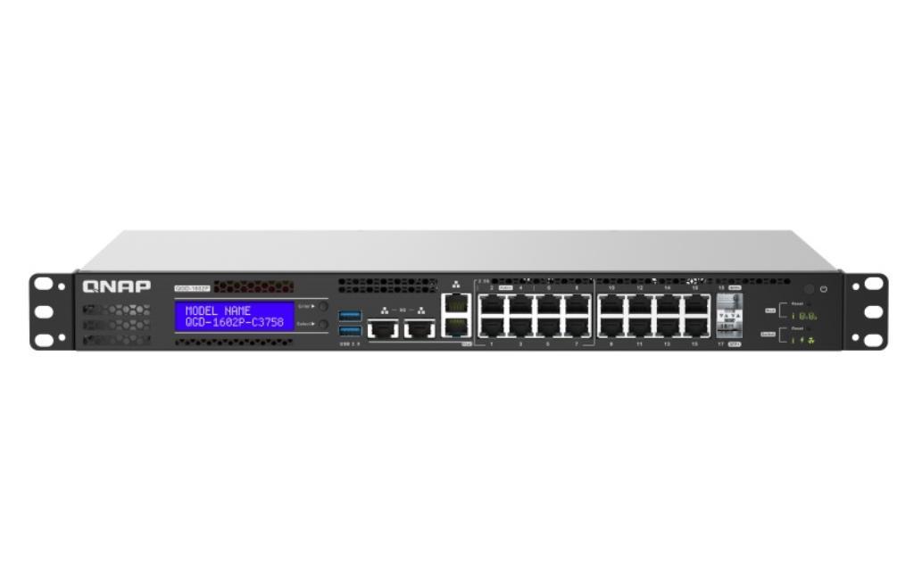 QNAP EDGE Guardian 1602P, 16 1GbE PoE ports with 2 RJ45 and SFP+ combo port., 418W toatl power comsumption, 370W PoE power budg