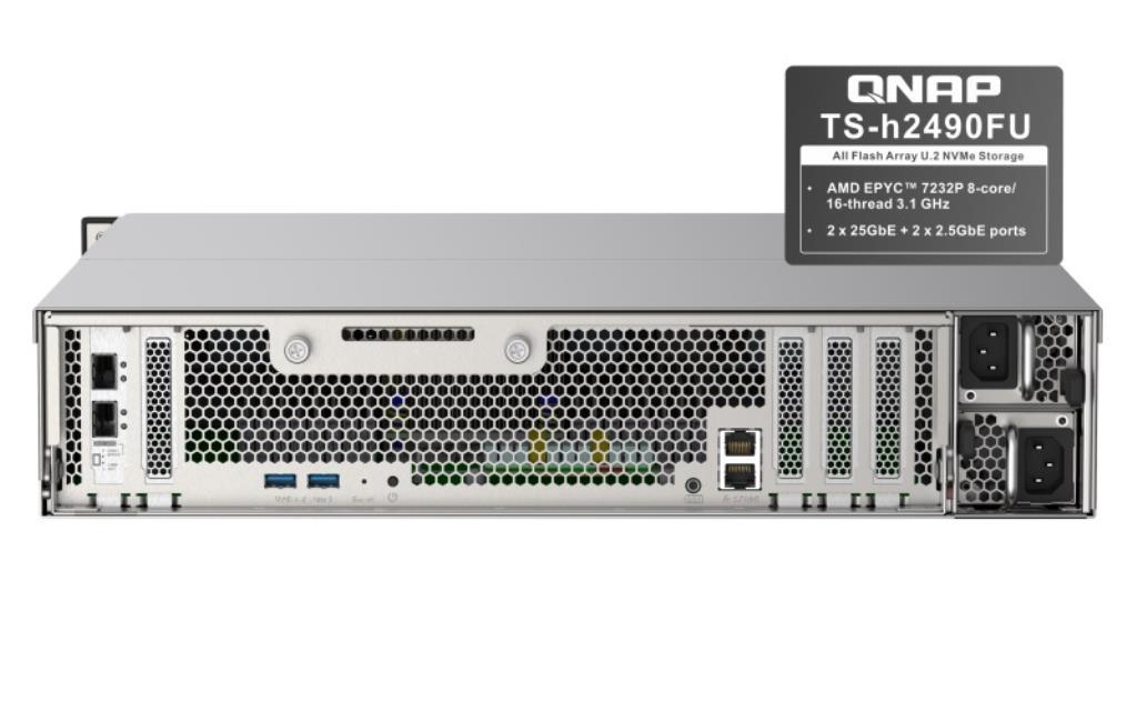 QNAP NAS TS-h2490FU-7232P-64G, 24 Bay all-flash NAS, NVMe Gen3 x4, AMD EPYC 7232P 3.1GHz, 64GB RAM, 2 x 2.5GbE LAN, 2 x 25GbE