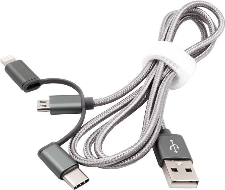 Cavo di ricarica USB 3-in1 Lightning/C/Micr argento, nylon intrecciato