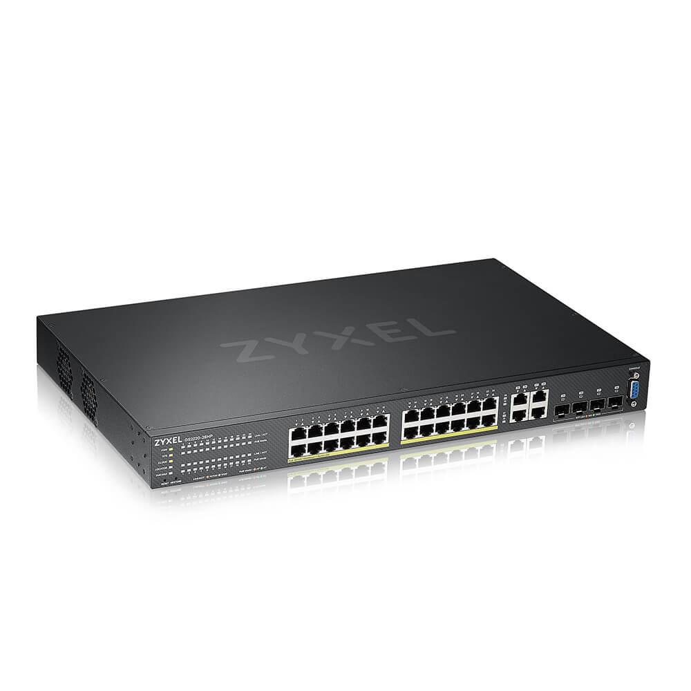 Gigabit-Ethernet-Switch mit PoE nach 802.3at (30Watt pro Port) managebar L2 24x Ports RJ45 mit PoE 4x GbE SFP Ports 19"-Ein