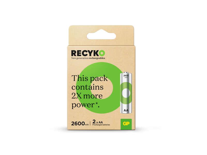 GP RECYKO confezione da 2 batterie ricaricabili 2600 mAh AA 12 V - Precaricate - Ciclo di vita buono a 1.000 volt