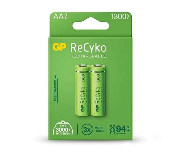 GP RECYKO confezione da 2 batterie ricaricabili 1300 mAh AA 12 V - Precaricate - Prodotto con materiali riciclati inferiore al