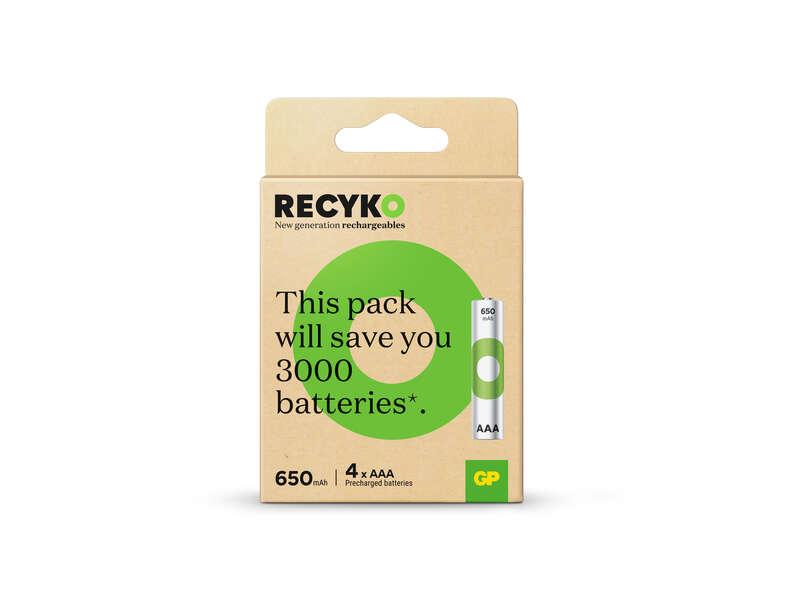 GP RECYKO confezione da 4 batterie ricaricabili 650MAH AAA 12 V - Precaricate - Prodotto con materiali riciclati entro il 10%