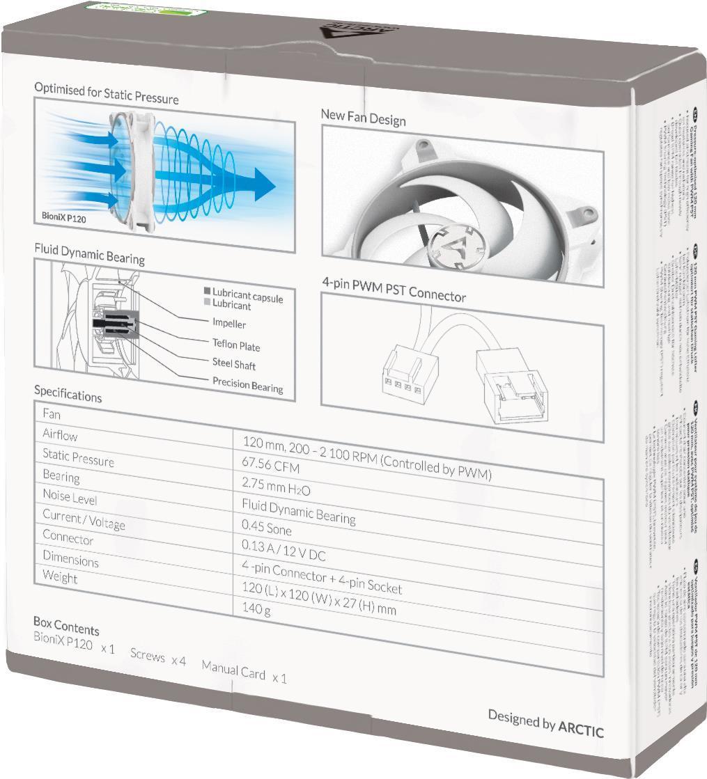 ARCTIC BioniX P120 GRIGIO/BIANCO 67,56 CFM, 114,79 m3/h, 12 V CC, 0,45 Sone