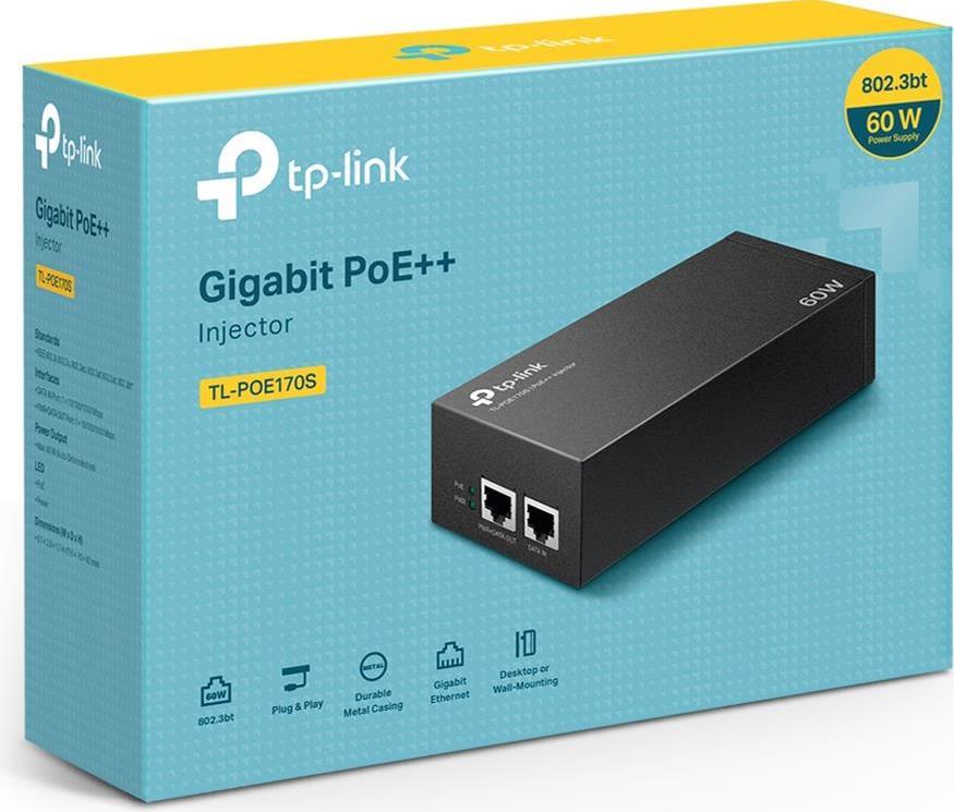 TP-Link - POE170S - PoE++ Injector Adapter, 1x Gigabit PoE Port, 1x Gigabit Non-PoE Port, 802.3bt/at/af Compliant, 60 W PoE Pow