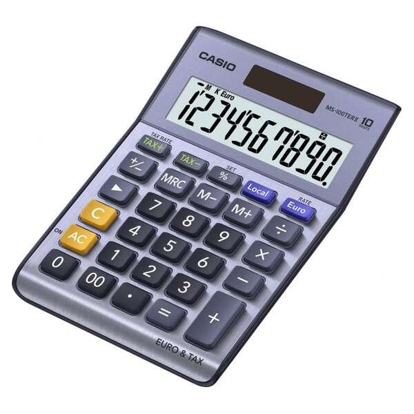 Calcolatrice da tavolo Casio MS-100TERII - Schermo LCD a 10 cifre - Alimentazione solare e a batteria - Colore blu