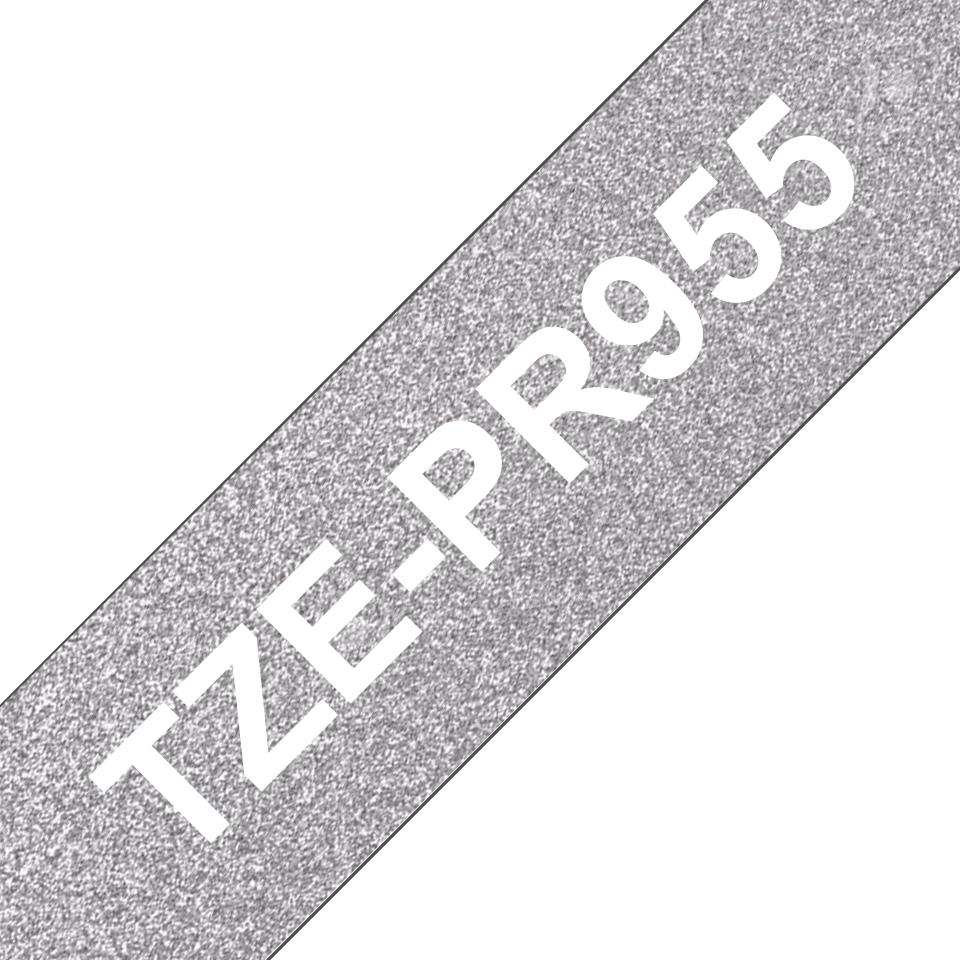 Nastro laminato da 24 mm premium argento glitter con scritta bianca (8m)