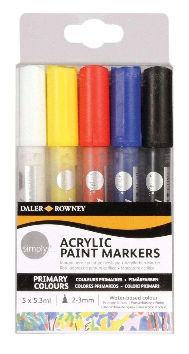 Daler Rowney Simply Confezione da 5 pennarelli acrilici - Asciugatura rapida - A base d'acqua - Colori assortiti