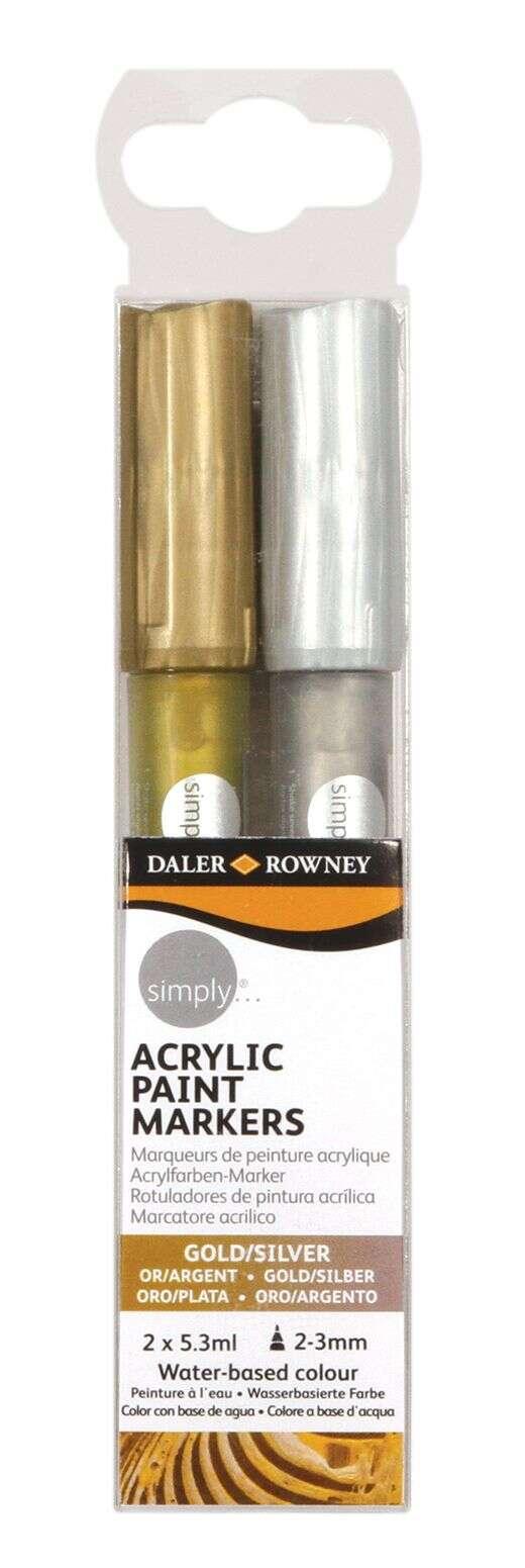 Daler Rowney Simply Confezione da 2 Pennarelli Acrilici - Asciugatura Rapida - Copertura Ottimale - A Base Acqua - Colore Oro e