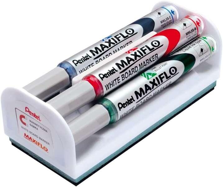 Pentel Maxiflo Confezione da 4 Pennarelli per Lavagna Gomma Magnetica - Punta Proiettile - Larghezza Linea 2 mm - Regolazione