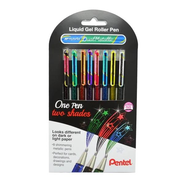 Pentel Hybrid Dual Metallic Confezione da 8 penne a sfera con inchiostro gel brillante - Punta da 1 mm - Tratto da 05 mm - Colo
