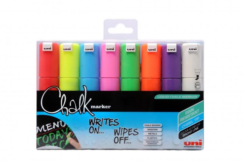 Uni Chalk Marcatore di gesso liquido - PWE-8K 8 PEZZI CONFEZIONE ASSORTITA 80mm Caratteristiche - Marcatore di gesso liquido co