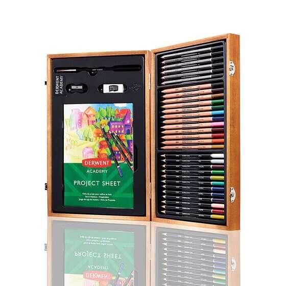 Derwent Academy Scatola in legno con 12 matite colorate 12 matite colorate acquerello 6 matite per schizzi in grafite 1 pennell