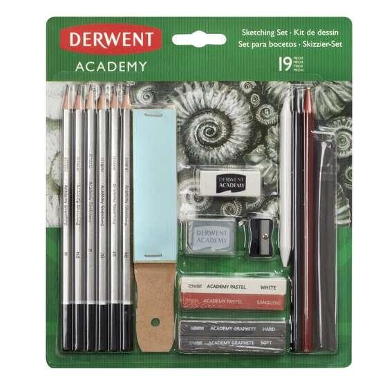 Derwent Academy Set da Disegno - 6 matite grafite assortite 2 blocchi grafite 2 stick da disegno senza legno 2 pastelli (bianco