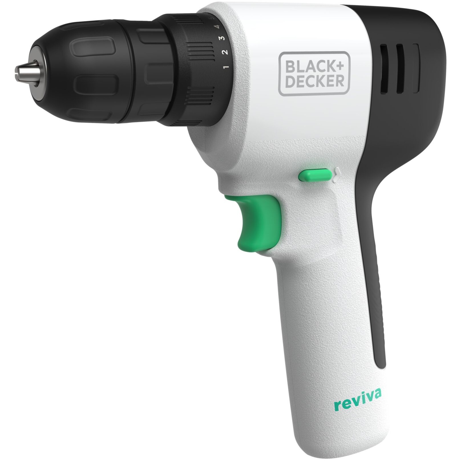 Trapano avvitatore a batteria reviva 12V bianco nero batteria integrata agli ioni di litio 1,5 Ah