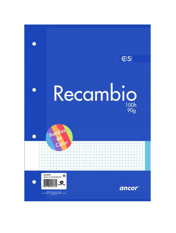 Ancor Ricarica da 100 Fogli 90gr Formato A4 Quadrato 4x4mm - 4 Fori - Fasce Colorate