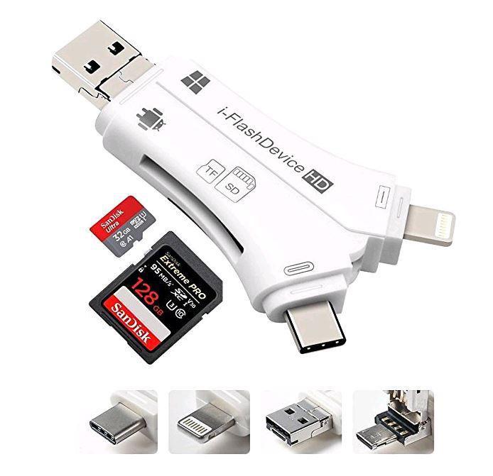CoreParts MMUSB-UNI-ADAPTER unit flash USB Bianco (Universal USB Adapter - Lightning/Micro USB/Type-C - Support upto 128 GB SD