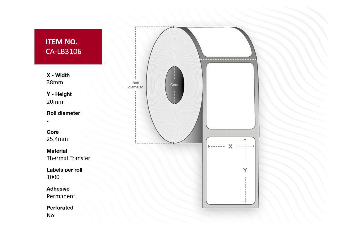 Capture CA-LB3106 etichetta per stampante (Label 38 x 20 mm Core 254 - mm. Transparent PP/PE. - Permanent for outdoor use. 1000
