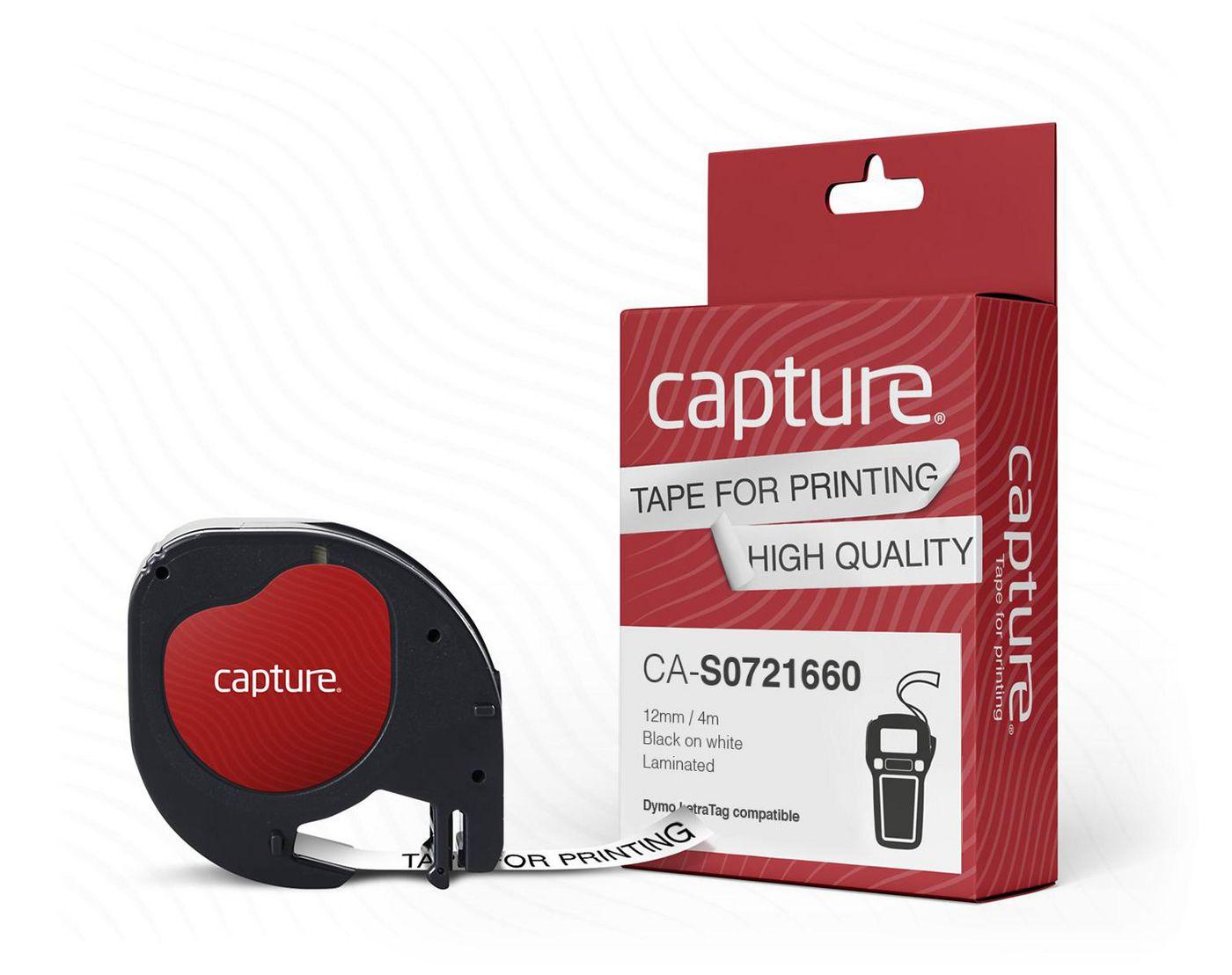 Capture CA-S0721660 nastro per etichettatrice (12mm x 4m Black on White - Plastic Tape - Warranty 12M)