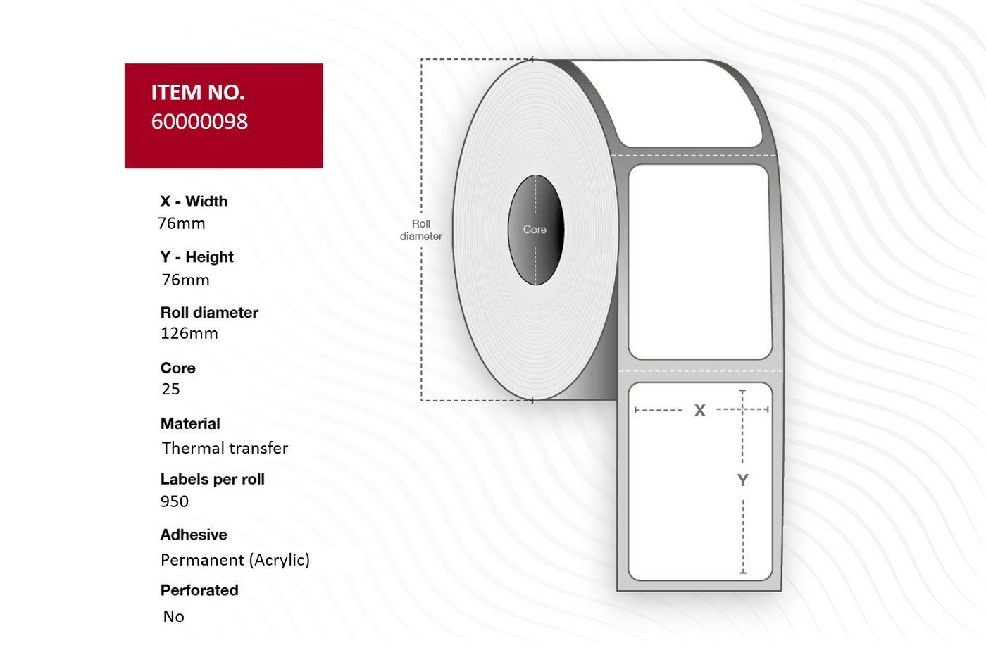 Label 76x76 - Core 25. - Thermal Transfer Permanent. - 950 labels per roll 12 rolls pr box.