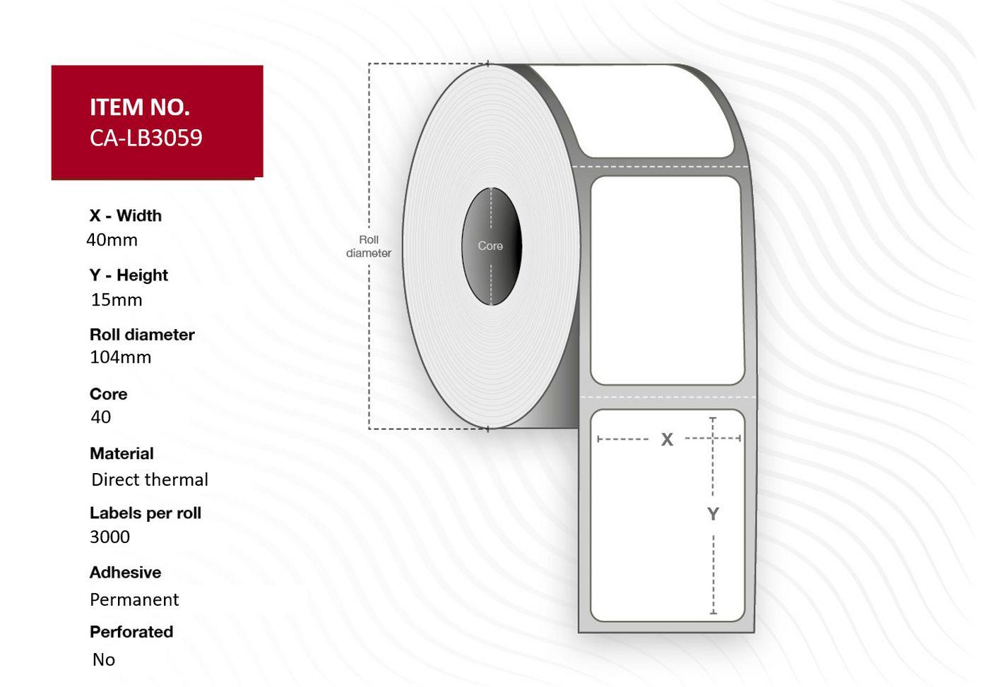 Capture CA-LB3059 etichetta per stampante Bianco (Label 40x15, Core 40, - Diameter 104 mm. Thermal - print. Uncoated. Permanent