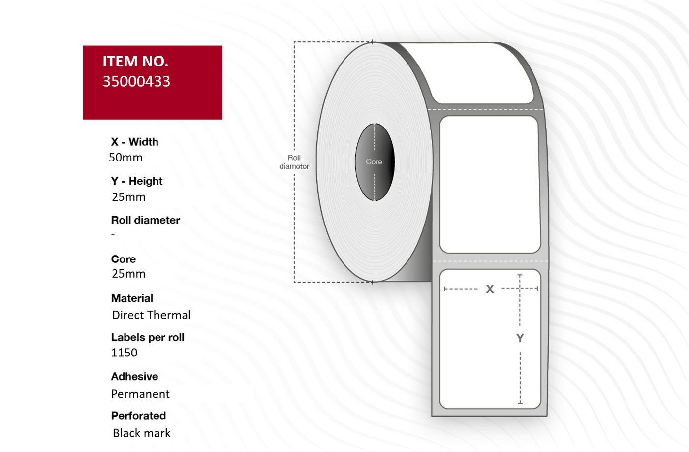 Capture 35000433 etichetta per stampante Bianco (Label 50x25 - Core 25. White. - Premium. DT. Permanent. 1.150 - labels per rol