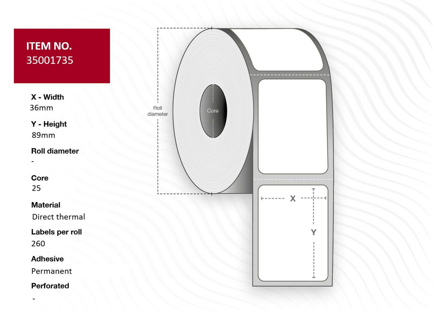 Capture 35001359 etichetta per stampante Bianco (Label 36x89 - Core 25. White. - Top-coated. DT. 260 labels - per roll. 24 roll