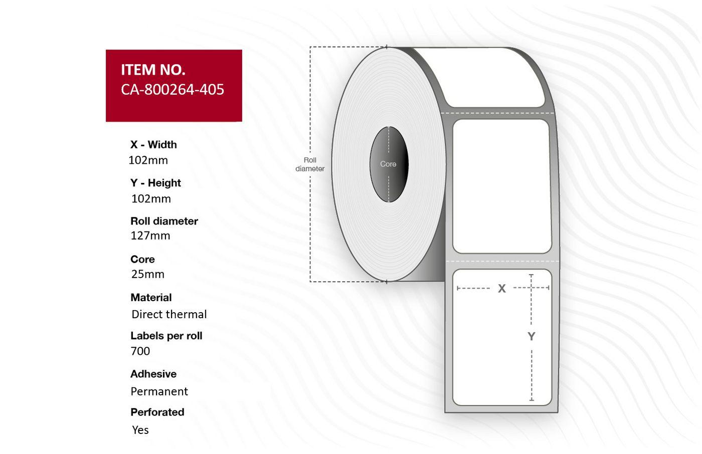 Capture CA-800264-405 etichetta per stampante (Label 102 x 102mm Core - 25mm Direct Thermal Coated - Permanent Perforated 700 l