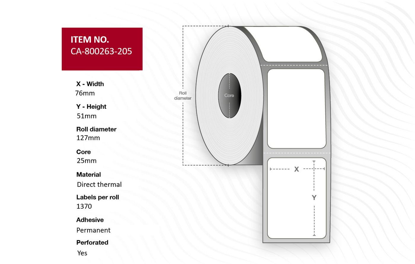 Capture CA-800263-205 etichetta per stampante (Label 76 x 51mm Core 25mm - Direct Thermal Coated - Permanent Perforated 1370 la