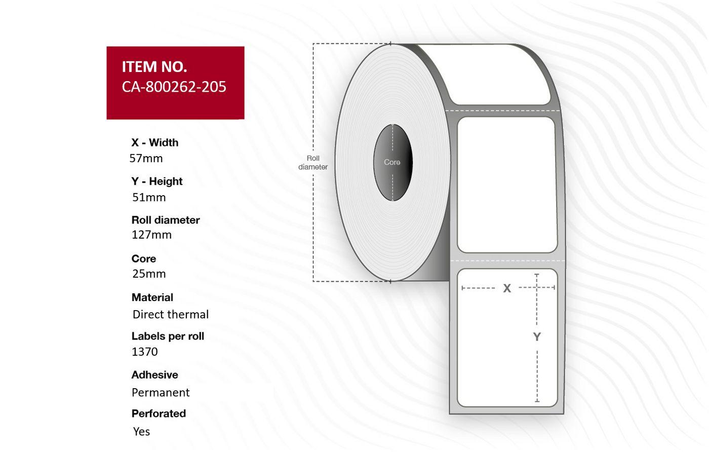 Capture CA-800262-205 etichetta per stampante (Label 57 x 51mm, Core 25mm, - Direct Thermal, Coated, - Permanent, Perforated, 1