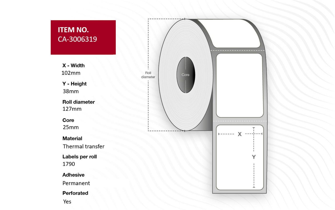 Capture CA-3006319 etichetta per stampante (Label 102 x 38mm Core 25mm - Thermal Transfer Coated - Permanent Perforated 1790 la