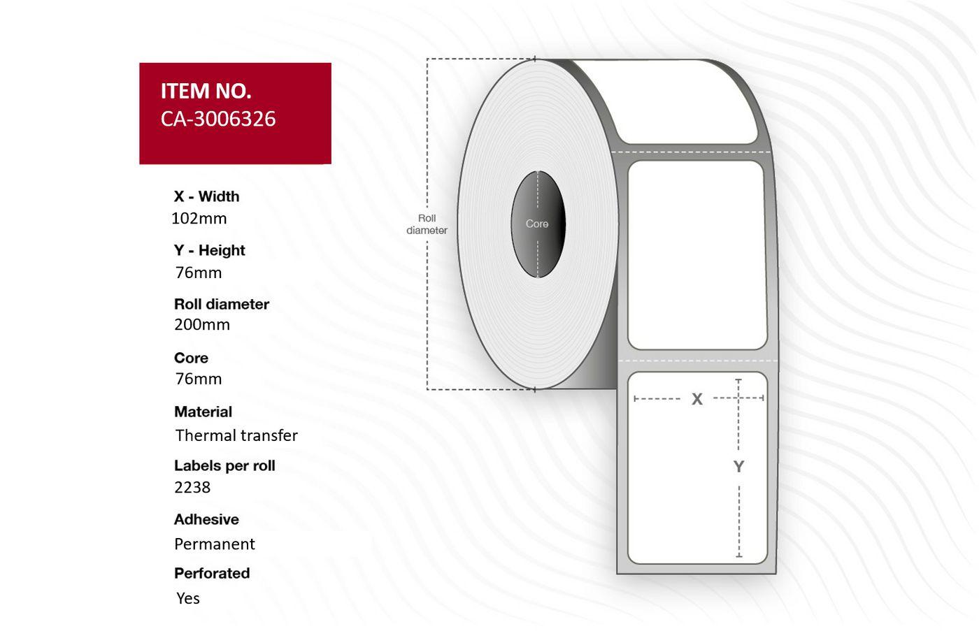 Capture CA-3006326 etichetta per stampante (Label 102 x 76mm Core 76mm - Thermal Transfer Coated - Permanent Perforated 2238 la