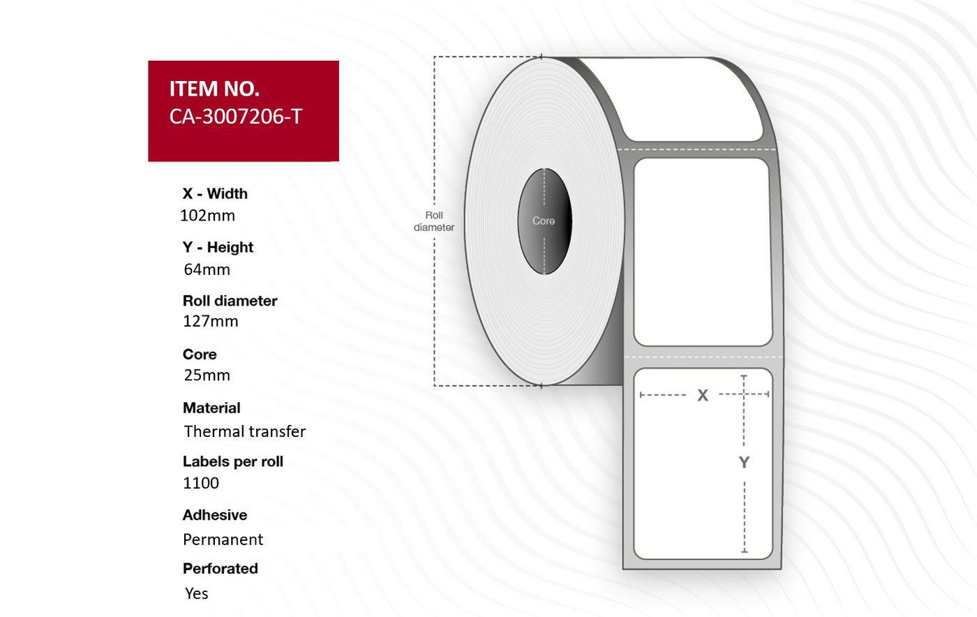 Capture CA-3007206-T etichetta per stampante (Label 102 x 64mm Core 25mm - Thermal Transfer Coated - Permanent Perforated 1100
