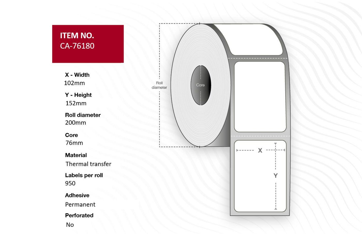 Capture CA-76180 etichetta per stampante (Label 102 x 152mm Core 76mm - Thermal Transfer Uncoated - Permanent No perforation 95