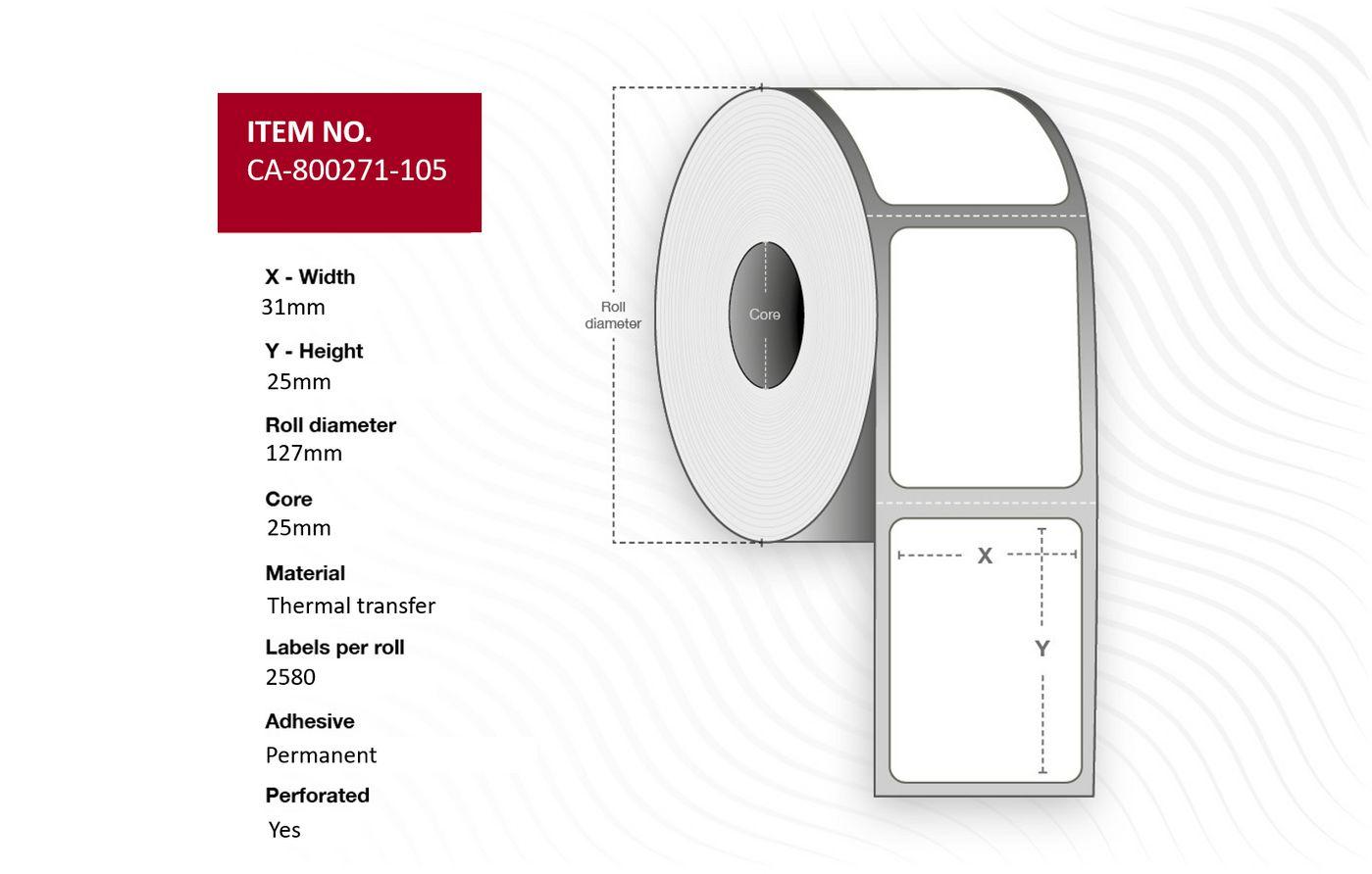 Capture CA-800271-105 etichetta per stampante (Label 31 x 25mm Core 25mm - Thermal Transfer Coated - Permanent Perforated 2580