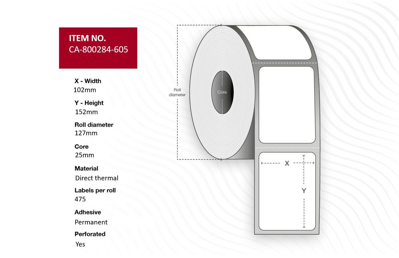 Capture CA-800284-605 etichetta per stampante (Label 102 x 152mm Core 25mm - Direct Thermal Uncoated - Permanent Perforated 475