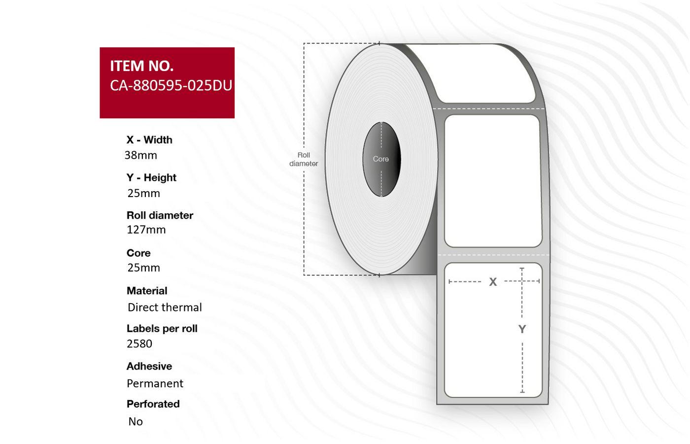 Capture CA-880595-025DU etichetta per stampante (Label 38 x 25mm Core 25mm - Direct Thermal Uncoated - Permanent No perforation