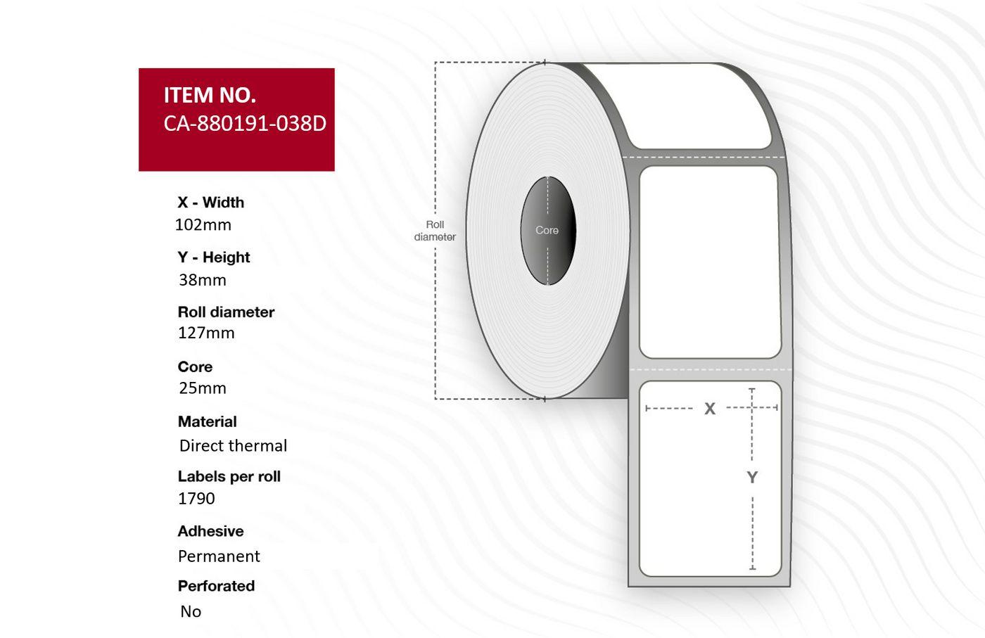 Capture CA-880191-038D etichetta per stampante (Label 102 x 38mm Core 25mm - Direct Thermal Coated - Permanent No perforation 1