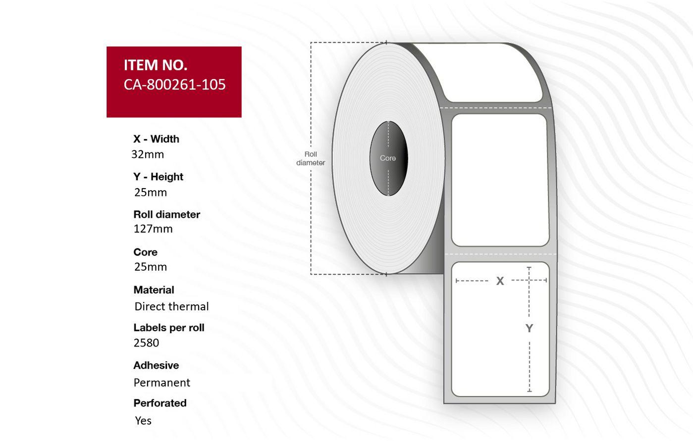 Capture CA-800261-105 etichetta per stampante (Label 32 x 25mm Core 25mm - Direct Thermal Coated - Permanent Perforated 2580 la