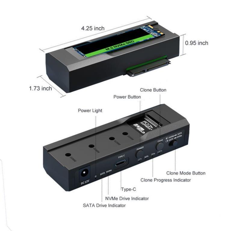 CoreParts MS-CLONER-M2-2.5 duplicatore multimediale Nero (USB-C 10Gbps to dual bay - HDD/NVMe M2 SSD clone - converter for 2.5