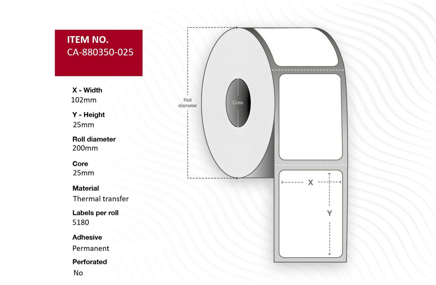 Label 102 x 25mm Core 76mm - Thermal Transfer Polyester - Permanent No perforation 5180 labels per roll 4 rolls per box - Warra