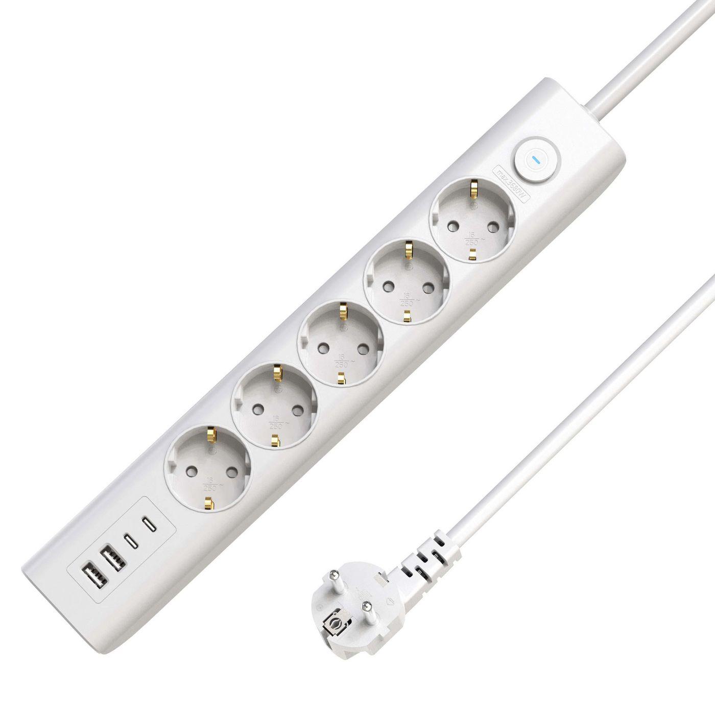 5-way USB Schuko Power Strip - on/off switch 1.5M White - Warranty 300M